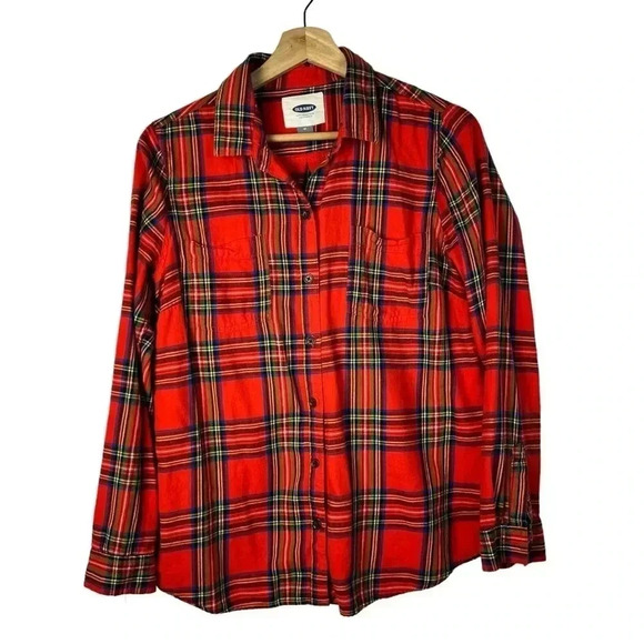 Old Navy Red Winter Plaid Long Sleeve Button Down Flannel M - Picture 2 of 4